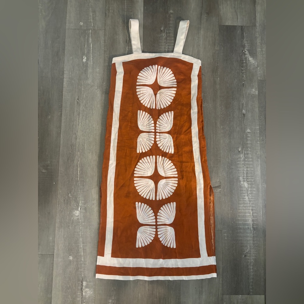 Magaschoni Rust Orange and White Floral Linen Dress